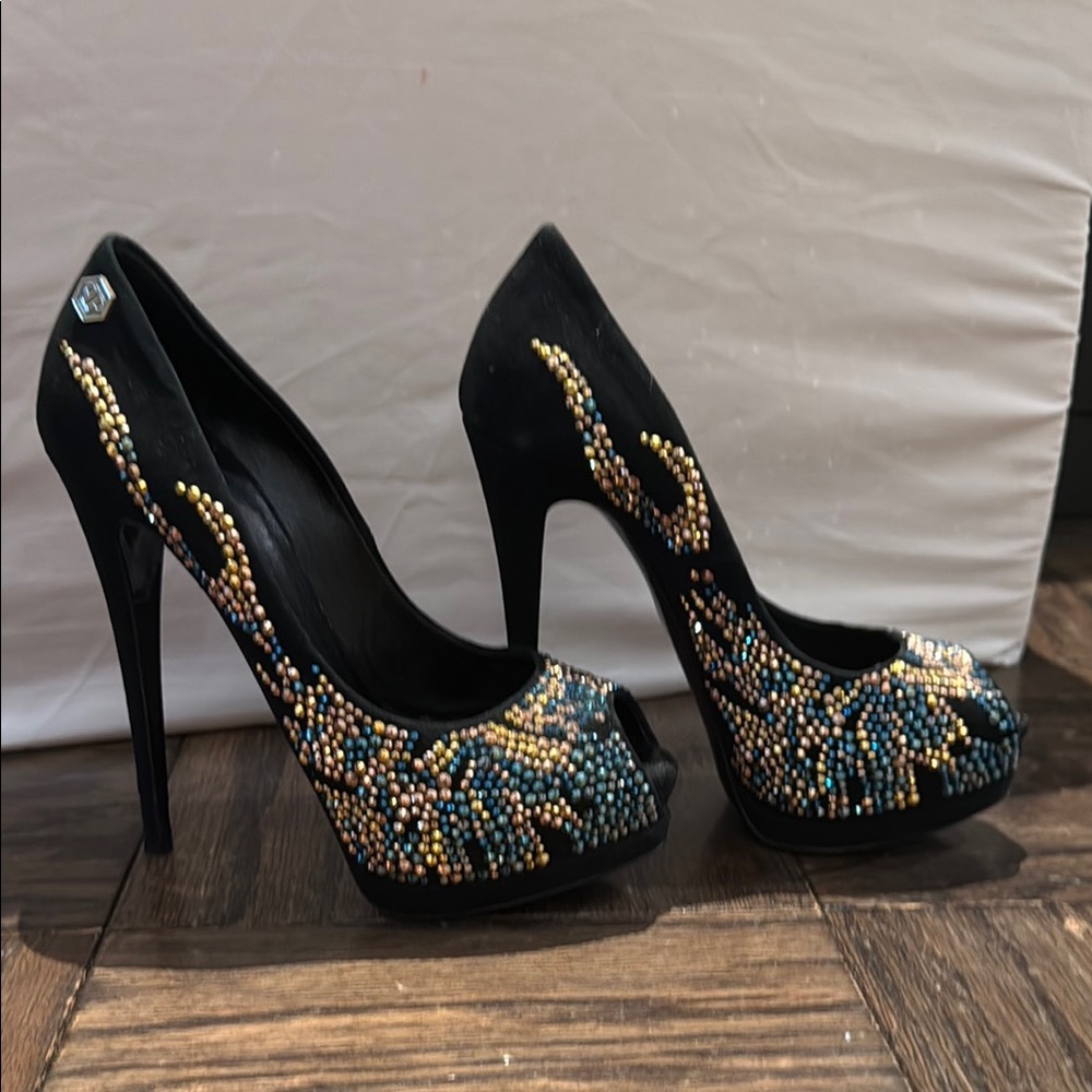 Philipp Plein Black Heels with Gold and Blue Embellishments